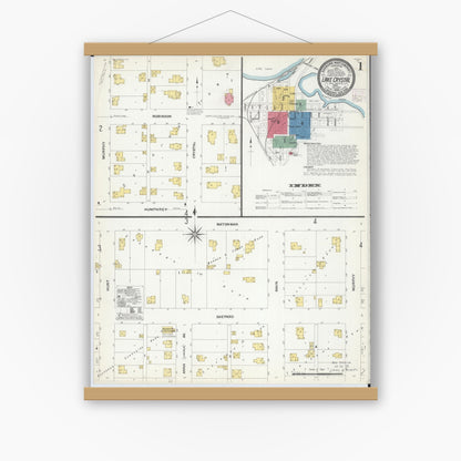 Old map wall art mockup — magnetic wood frame on white wall — Sanborn Fire Insurance Map from Lake Crystal, Blue Earth County, Minnesota (1908), Sheet #0001