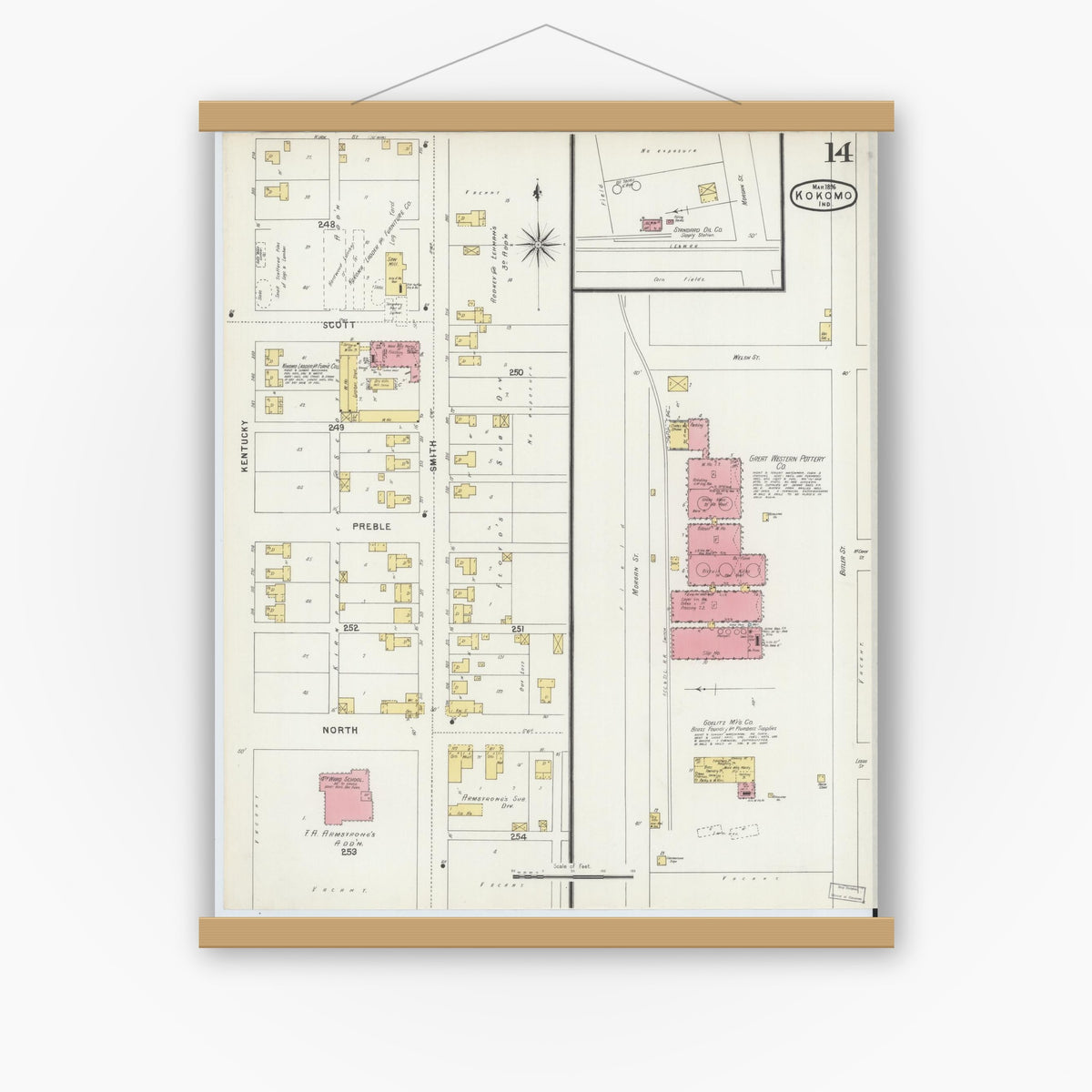 Old map wall art mockup — magnetic wood frame on white wall — Sanborn Fire Insurance Map from Kokomo, Howard County, Indiana (1896), Sheet #0014