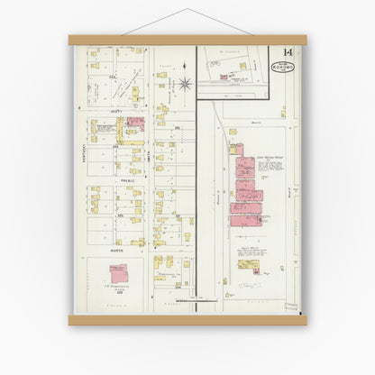 Old map wall art mockup — magnetic wood frame on white wall — Sanborn Fire Insurance Map from Kokomo, Howard County, Indiana (1896), Sheet #0014
