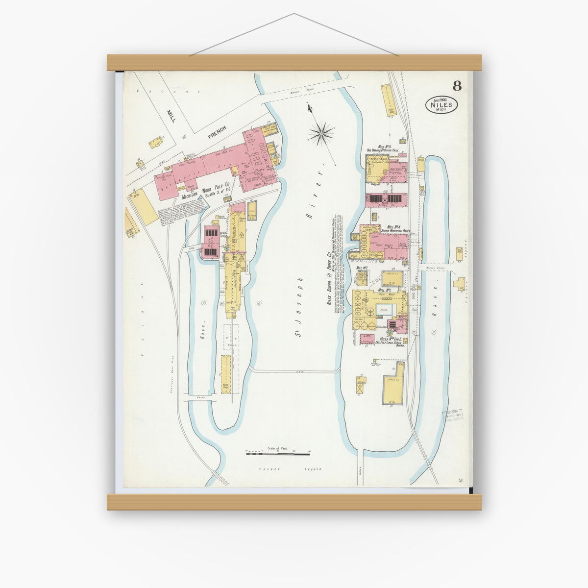 Old map wall art mockup — magnetic wood frame on white wall — Sanborn Fire Insurance Map from Niles, Berrien County, Michigan (1900), Sheet #0008