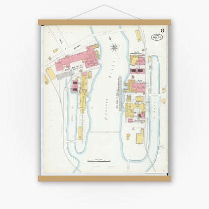 Old map wall art mockup — magnetic wood frame on white wall — Sanborn Fire Insurance Map from Niles, Berrien County, Michigan (1900), Sheet #0008