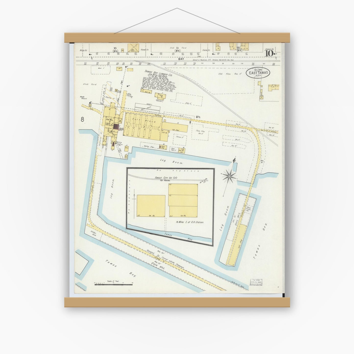 Old map wall art mockup — magnetic wood frame on white wall — Sanborn Fire Insurance Map from East Tawas, Iosco County, Michigan (1898), Sheet #0010