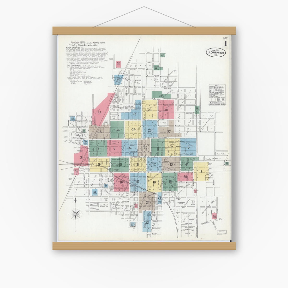 Old map wall art mockup — magnetic wood frame on white wall — Sanborn Fire Insurance Map from Bloomington, McLean County, Illinois (1901) - Complete Map Set