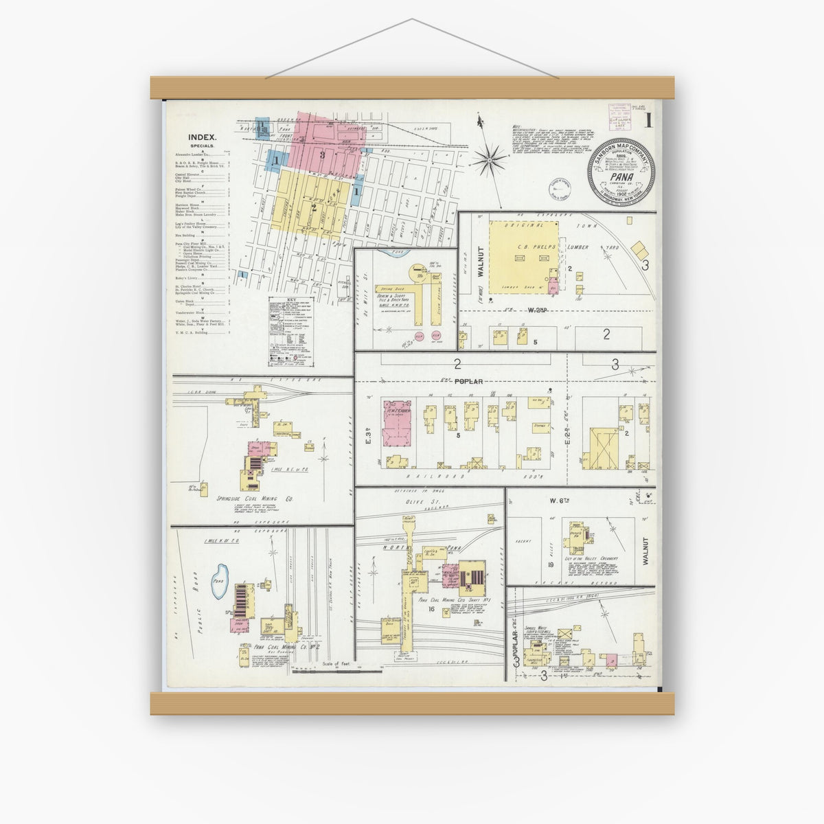 Old map wall art mockup — magnetic wood frame on white wall — Sanborn Fire Insurance Map from Pana, Christian County, Illinois (1902), Sheet #0001