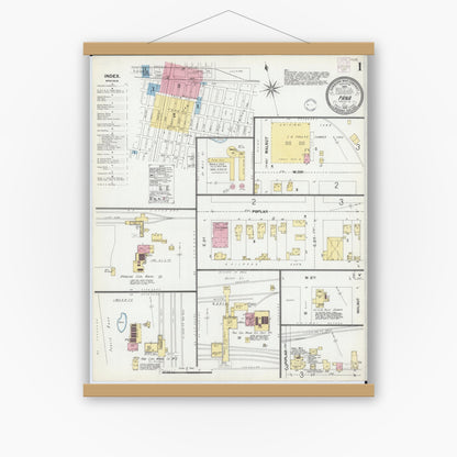 Old map wall art mockup — magnetic wood frame on white wall — Sanborn Fire Insurance Map from Pana, Christian County, Illinois (1902), Sheet #0001