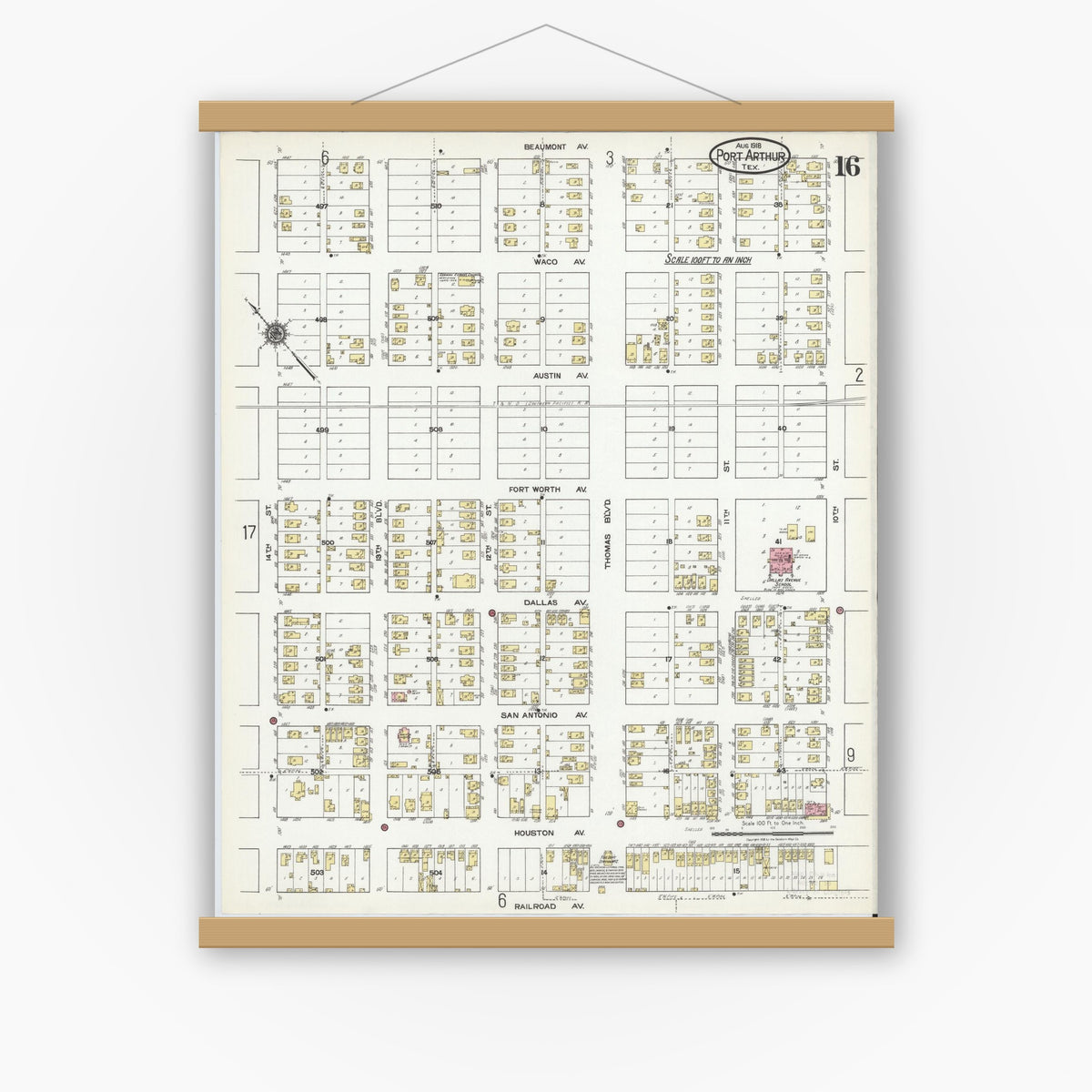 Old map wall art mockup — magnetic wood frame on white wall — Sanborn Fire Insurance Map from Port Arthur, Jefferson County, Texas (1918), Sheet #0016