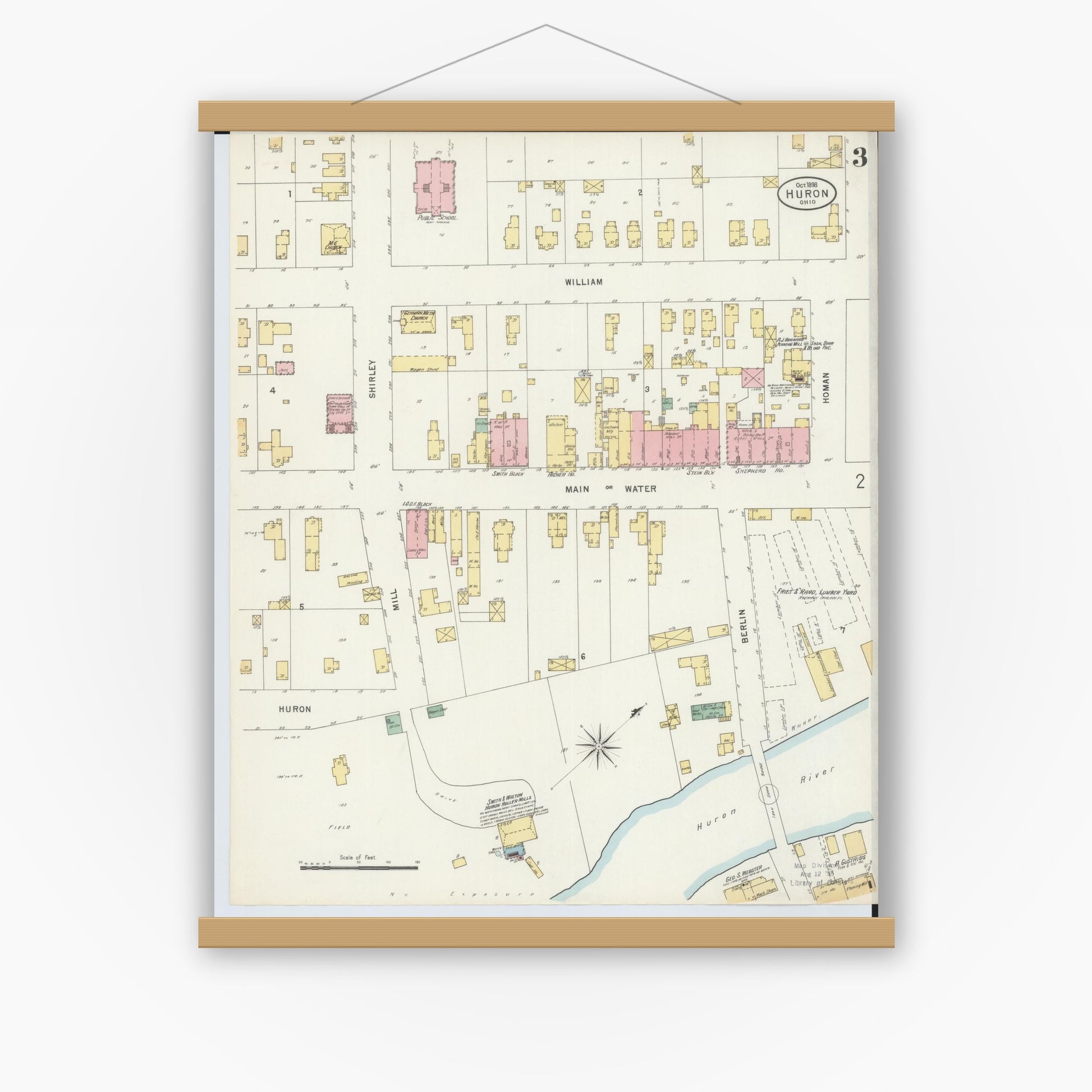 Old map wall art mockup — magnetic wood frame on white wall — Sanborn Fire Insurance Map from Huron, Erie County, Ohio (1898), Sheet #0003
