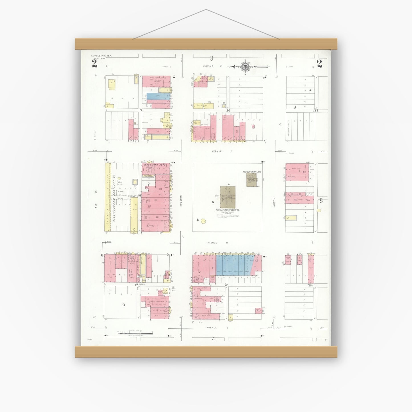 Old map wall art mockup — magnetic wood frame on white wall — Sanborn Fire Insurance Map from Levelland, Hockley County, Texas (1942), Sheet #0002