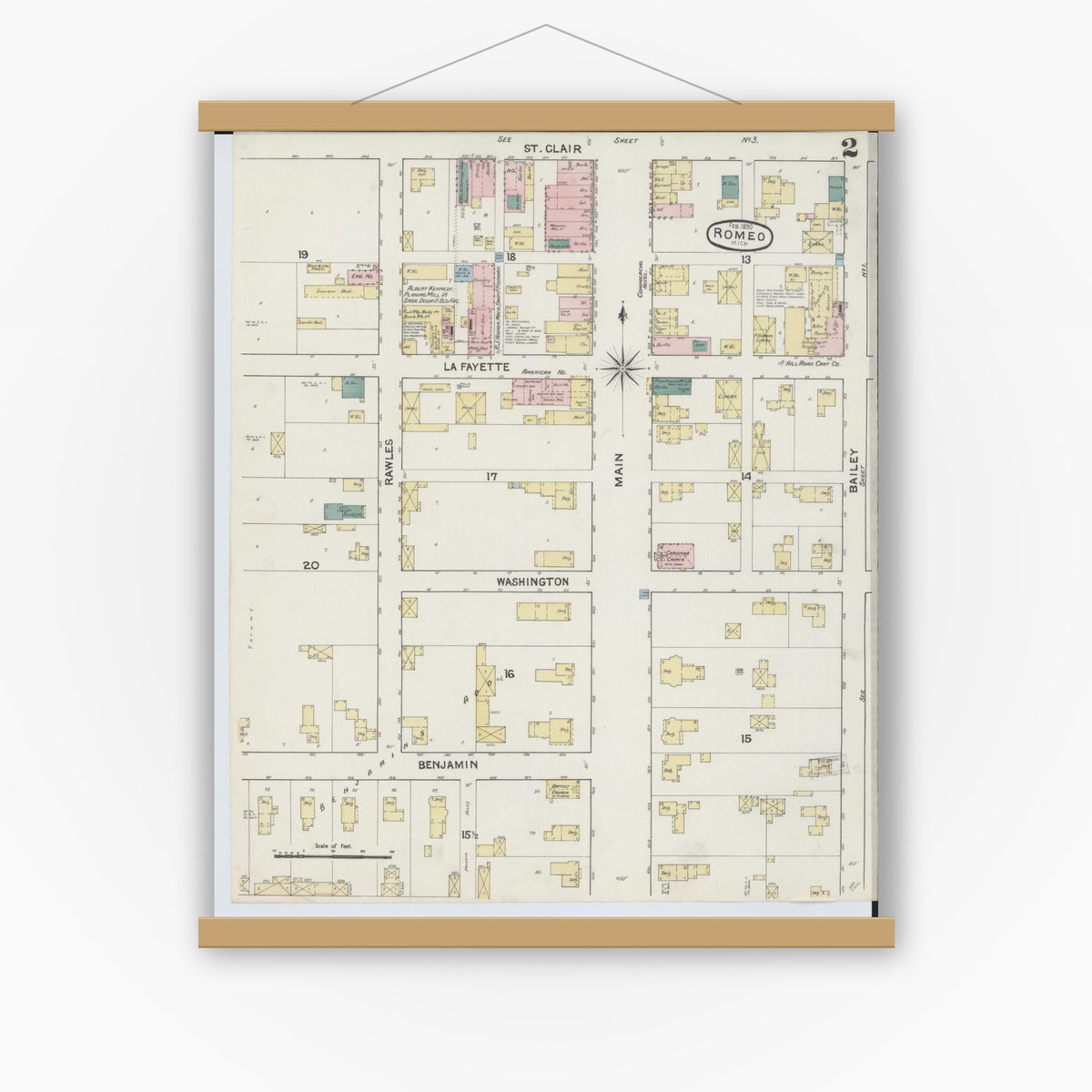Old map wall art mockup — magnetic wood frame on white wall — Sanborn Fire Insurance Map from Romeo, Macomb County, Michigan (1890), Sheet #0002