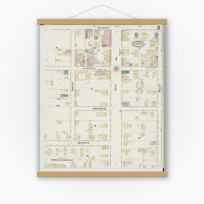 Old map wall art mockup — magnetic wood frame on white wall — Sanborn Fire Insurance Map from Romeo, Macomb County, Michigan (1890), Sheet #0002