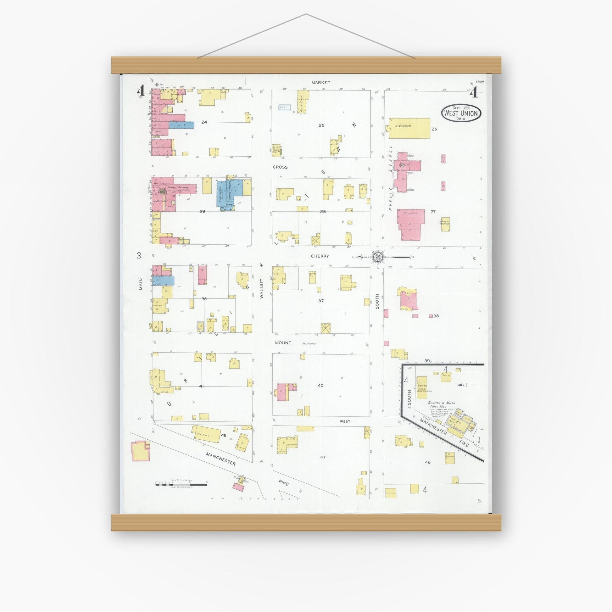Old map wall art mockup — magnetic wood frame on white wall — Sanborn Fire Insurance Map from West Union, Adams County, Ohio (1930), Sheet #0004