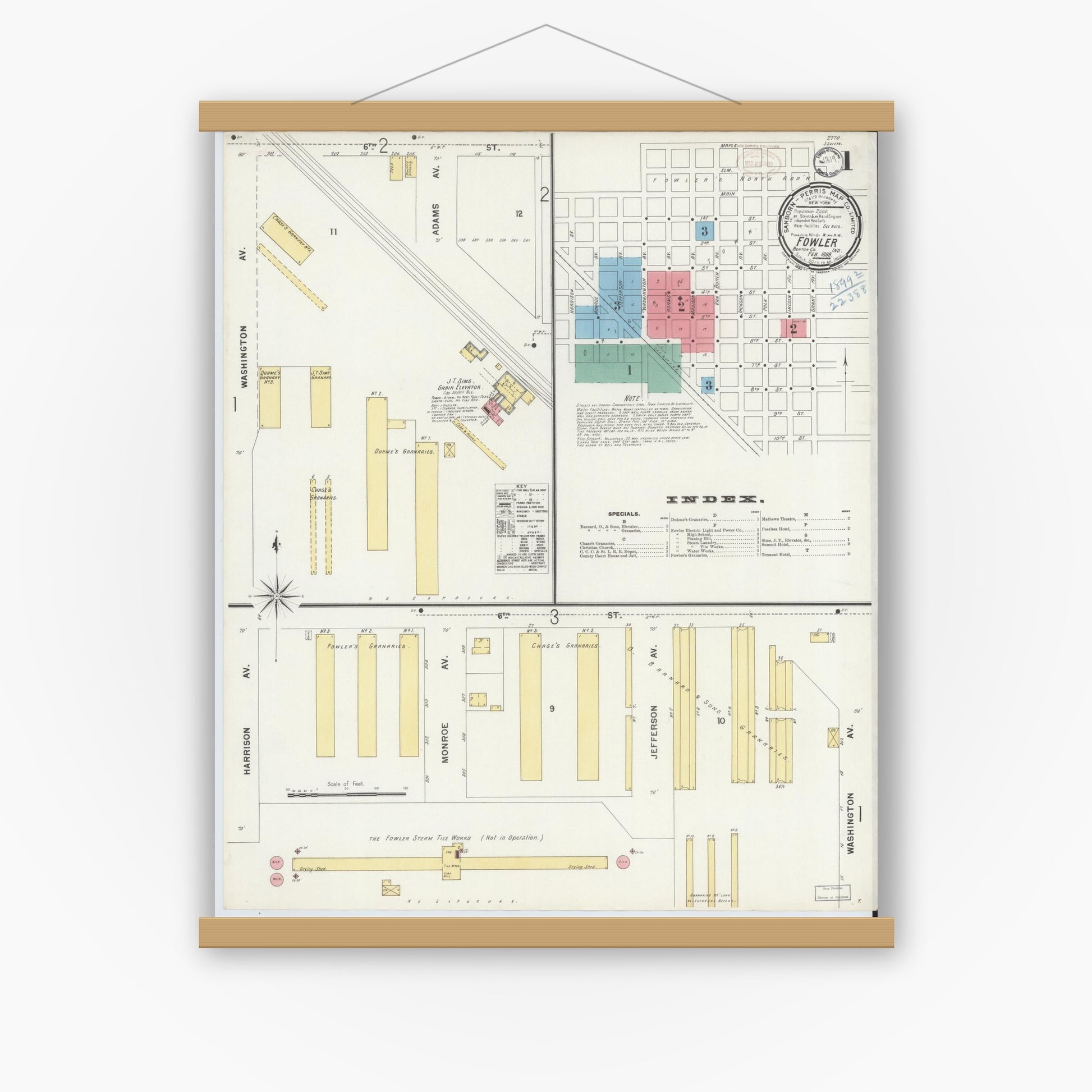 Old map wall art mockup — magnetic wood frame on white wall — Sanborn Fire Insurance Map from Fowler, Benton County, Indiana (1899) - Complete Map Set
