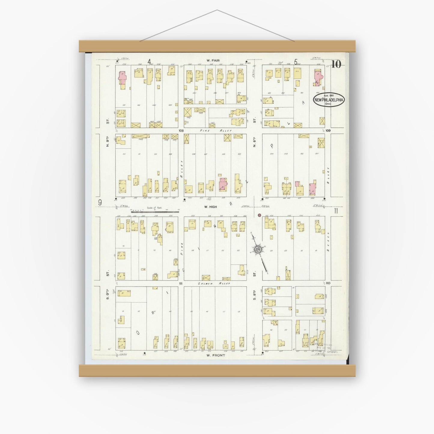 Old map wall art mockup — magnetic wood frame on white wall — Sanborn Fire Insurance Map from New Philadelphia, Tuscarawas County, Ohio (1910), Sheet #0010