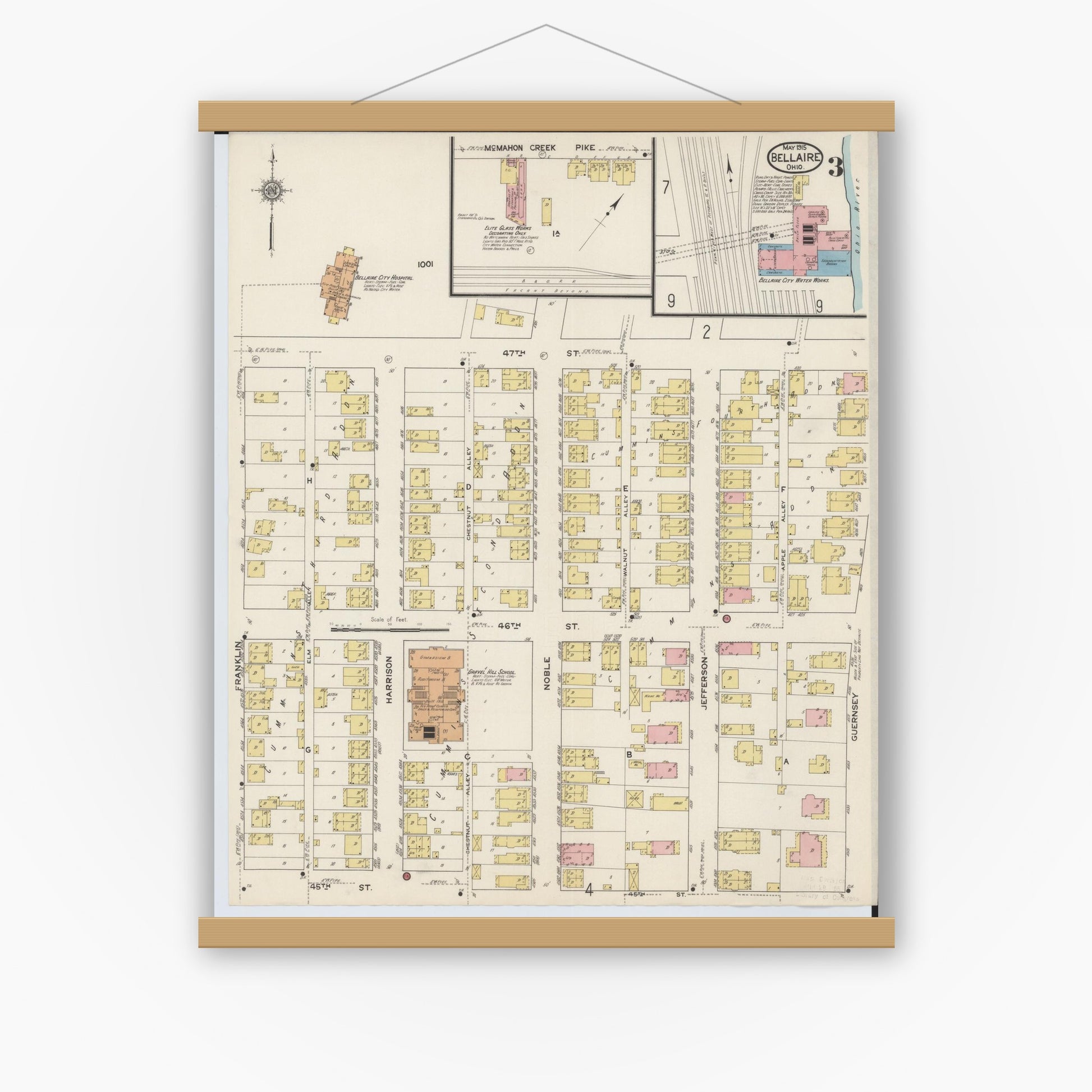 Old map wall art mockup — magnetic wood frame on white wall — Sanborn Fire Insurance Map from Bellaire, Belmont County, Ohio (1915), Sheet #0003