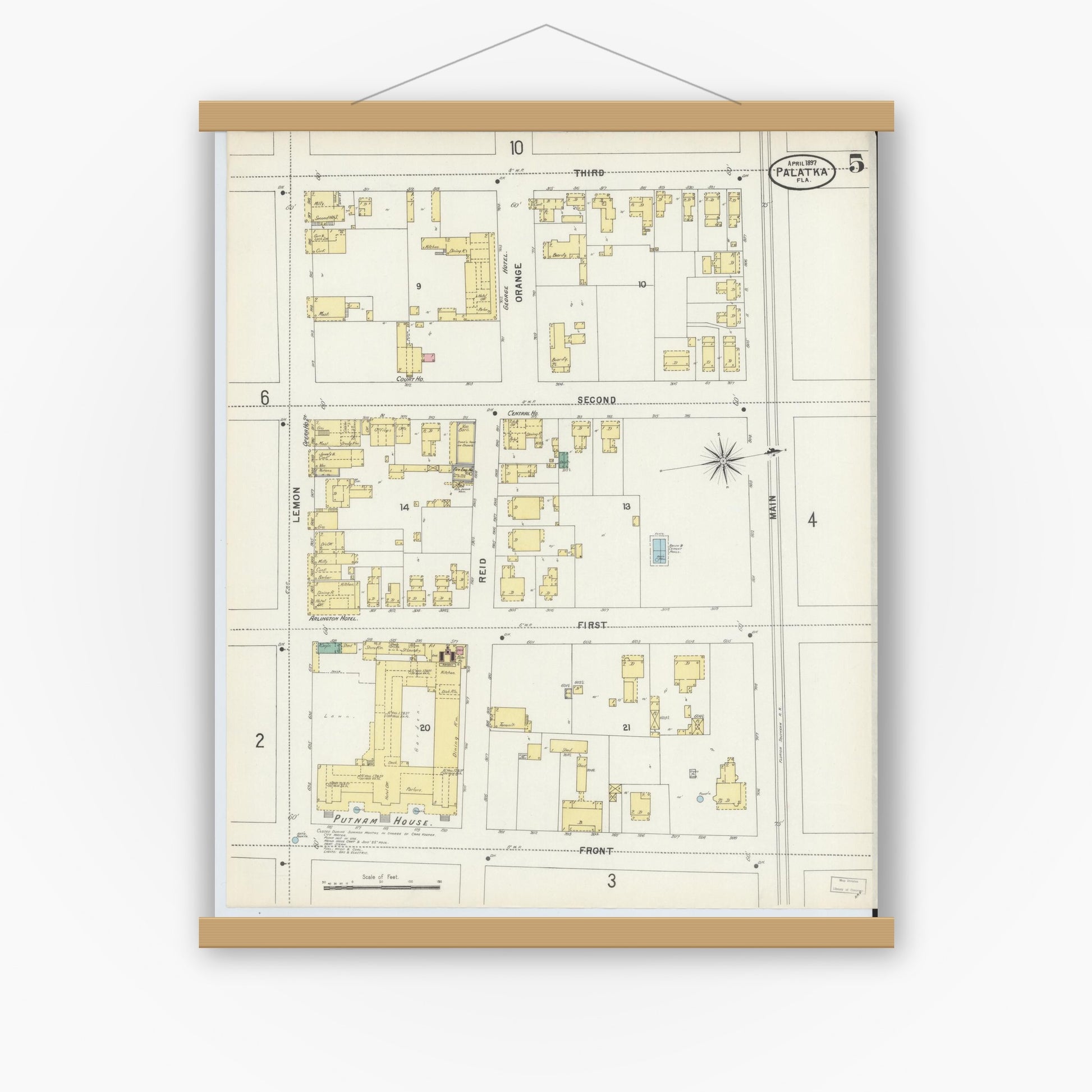 Old map wall art mockup — magnetic wood frame on white wall — Sanborn Fire Insurance Map from Palatka, Putnam County, Florida (1897), Sheet #0005