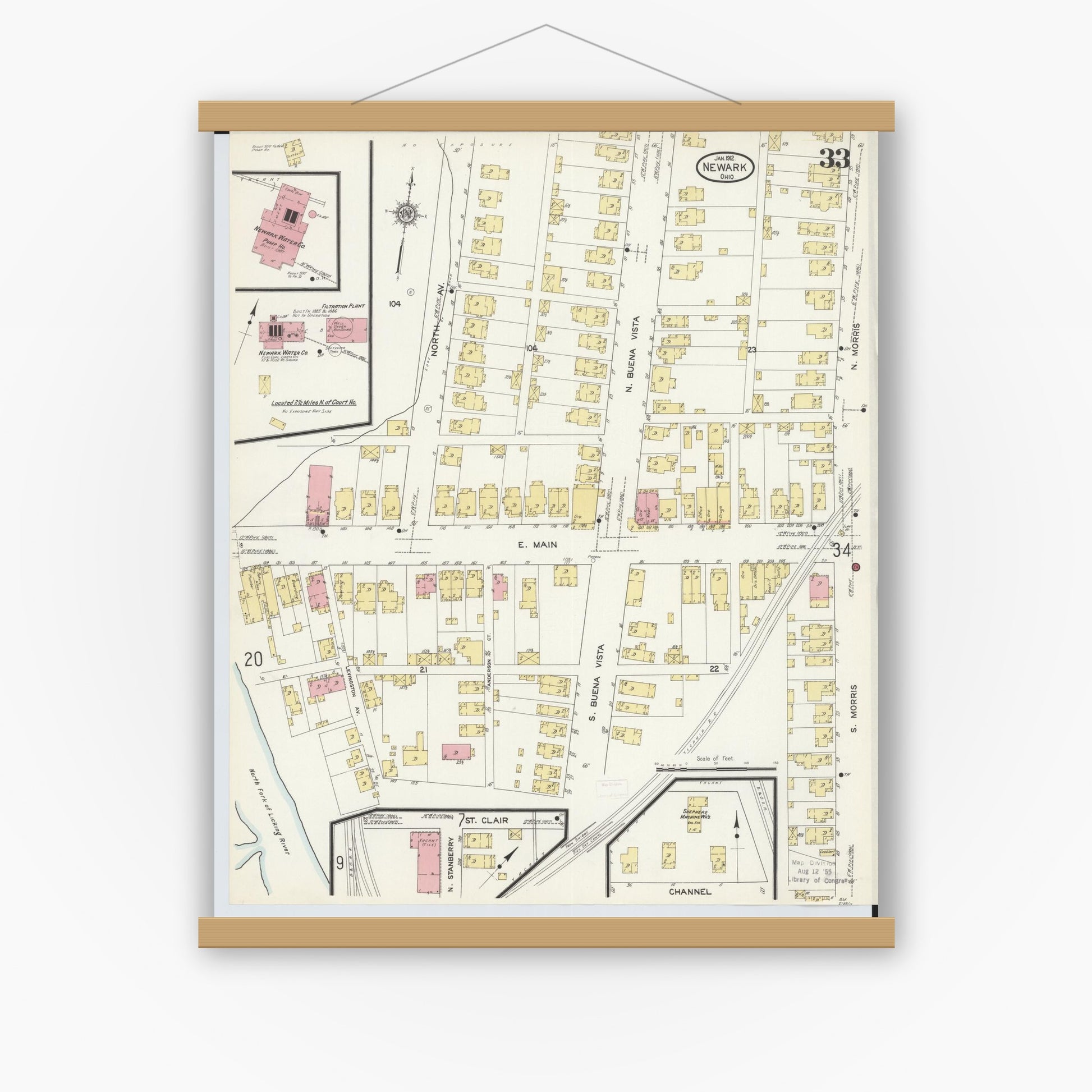 Old map wall art mockup — magnetic wood frame on white wall — Sanborn Fire Insurance Map from Newark, Licking County, Ohio (1912), Sheet #0033