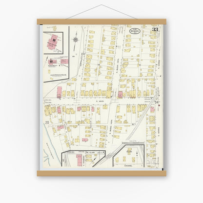 Old map wall art mockup — magnetic wood frame on white wall — Sanborn Fire Insurance Map from Newark, Licking County, Ohio (1912), Sheet #0033