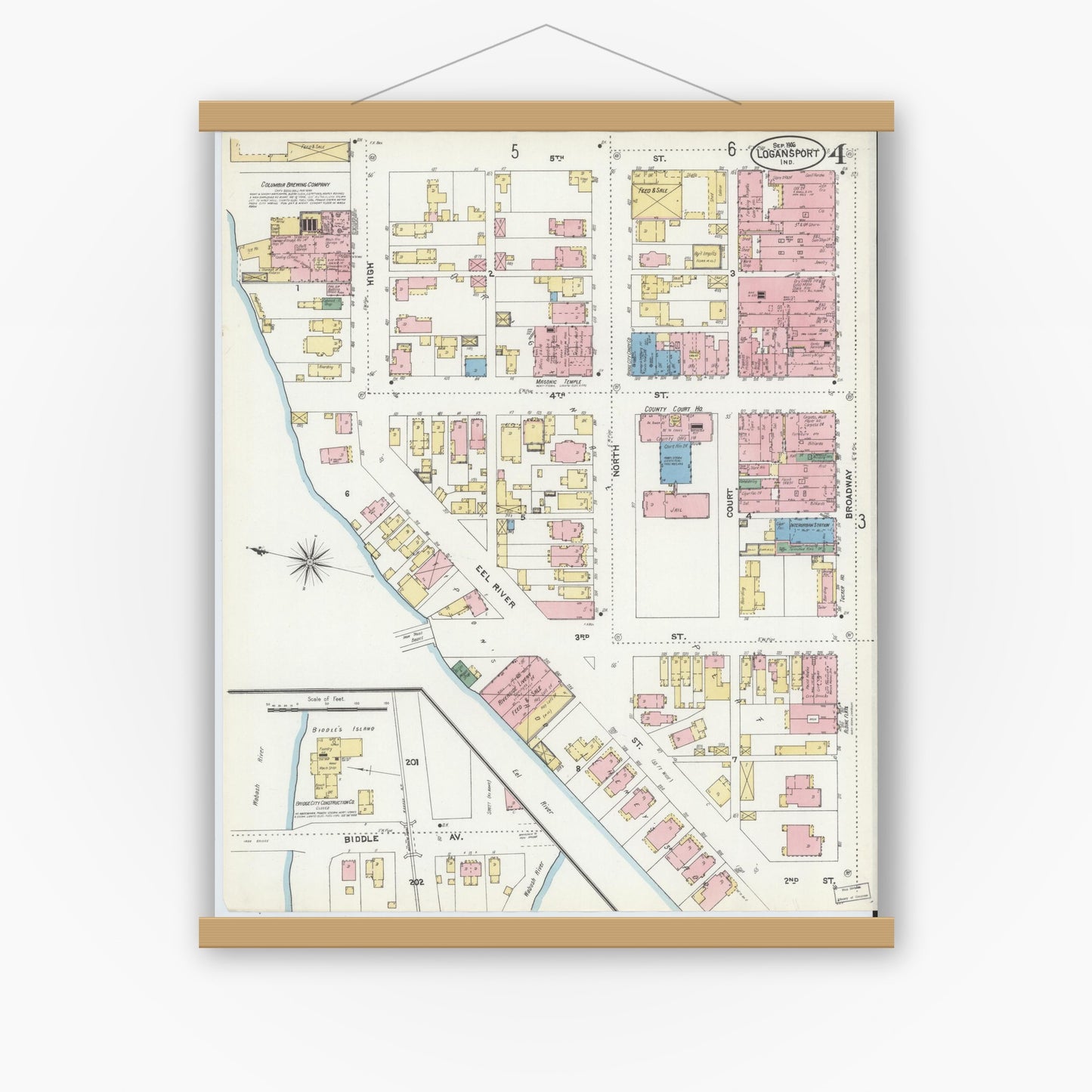Old map wall art mockup — magnetic wood frame on white wall — Sanborn Fire Insurance Map from Logansport, Cass County, Indiana (1906), Sheet #0004