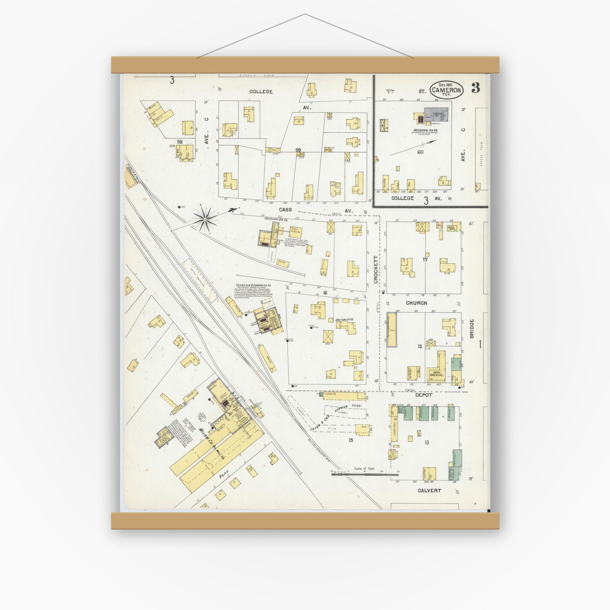 Old map wall art mockup — magnetic wood frame on white wall — Sanborn Fire Insurance Map from Cameron, Milam County, Texas (1901), Sheet #0003