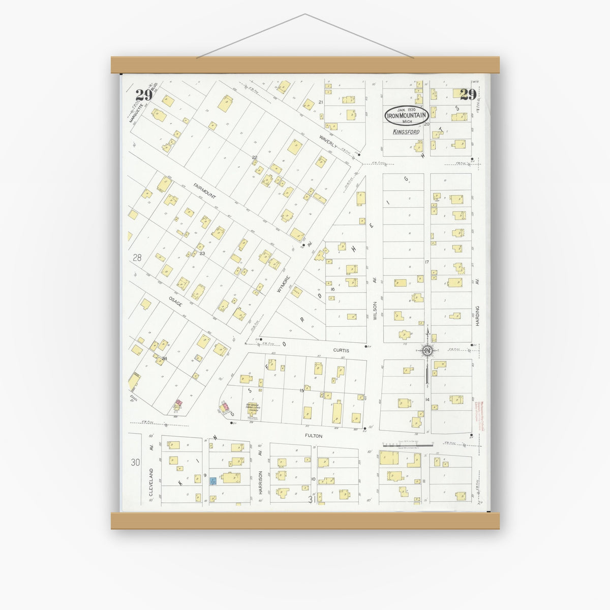Old map wall art mockup — magnetic wood frame on white wall — Sanborn Fire Insurance Map from Iron Mountain, Dickinson County, Michigan (1930), Sheet #0029
