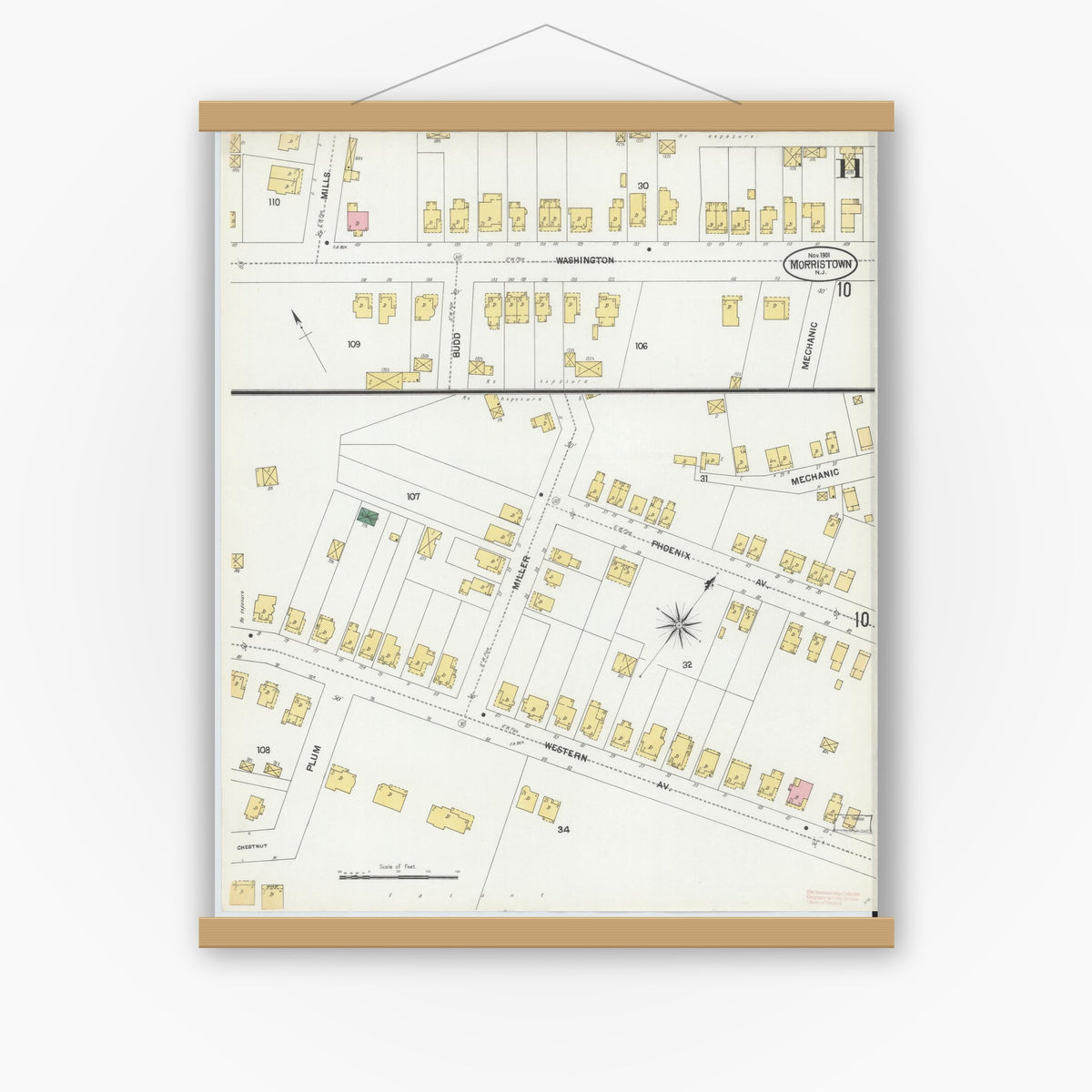 Old map wall art mockup — magnetic wood frame on white wall — Sanborn Fire Insurance Map from Morristown, Morris County, New Jersey (1901), Sheet #0011