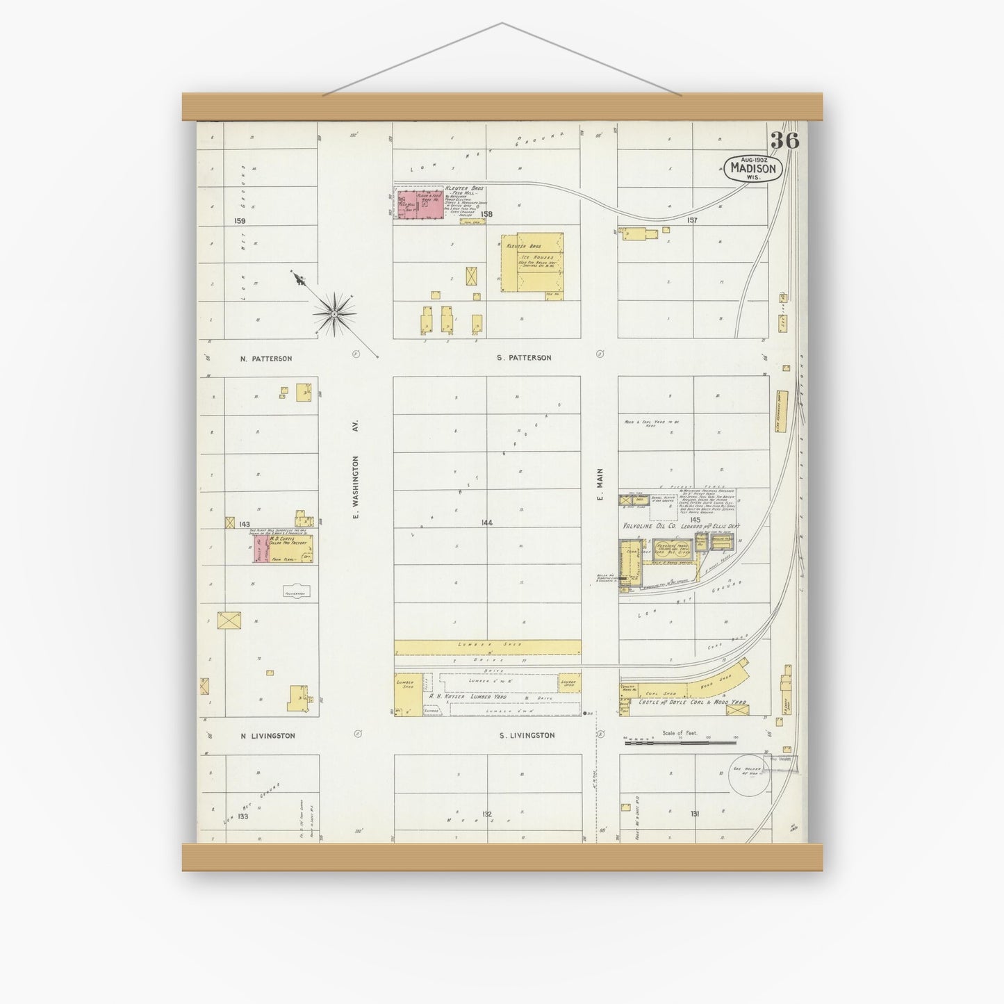 Old map wall art mockup — magnetic wood frame on white wall — Sanborn Fire Insurance Map from Madison, Dane County, Wisconsin (1902), Sheet #0036