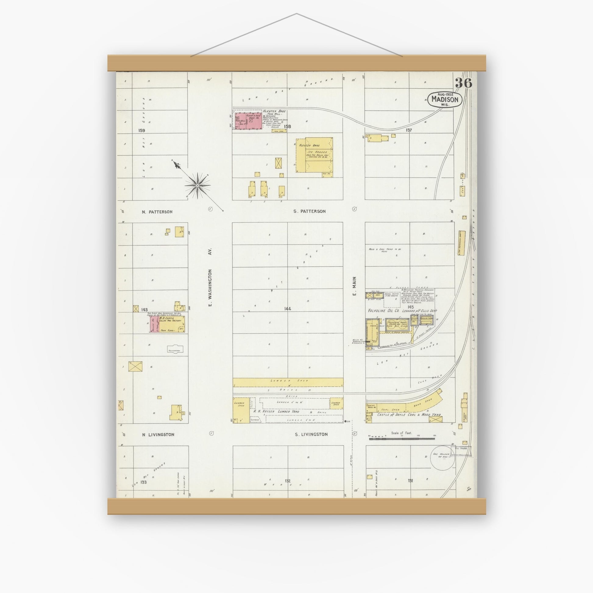 Old map wall art mockup — magnetic wood frame on white wall — Sanborn Fire Insurance Map from Madison, Dane County, Wisconsin (1902), Sheet #0036
