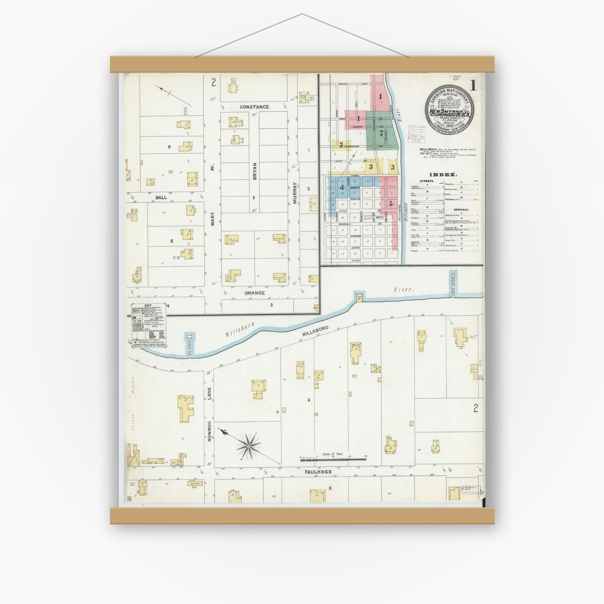Old map wall art mockup — magnetic wood frame on white wall — Sanborn Fire Insurance Map from New Smyrna, Valusia County, Florida (1906) - Complete Map Set