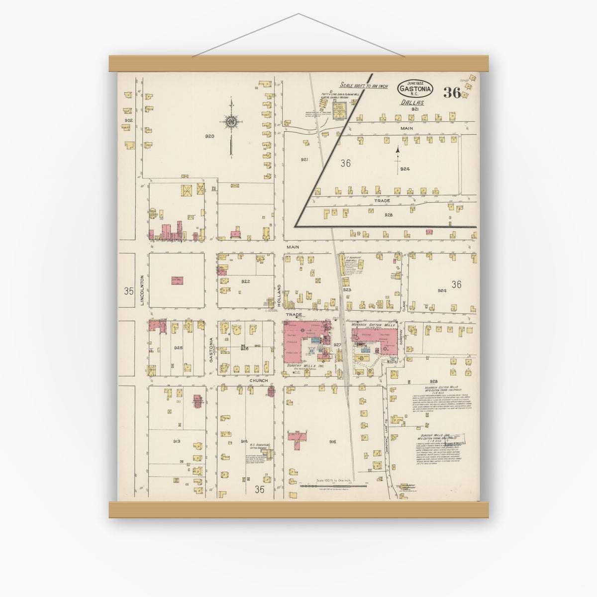 Old map wall art mockup — magnetic wood frame on white wall — Sanborn Fire Insurance Map from Gastonia, Gaston County, North Carolina (1922), Sheet #0036