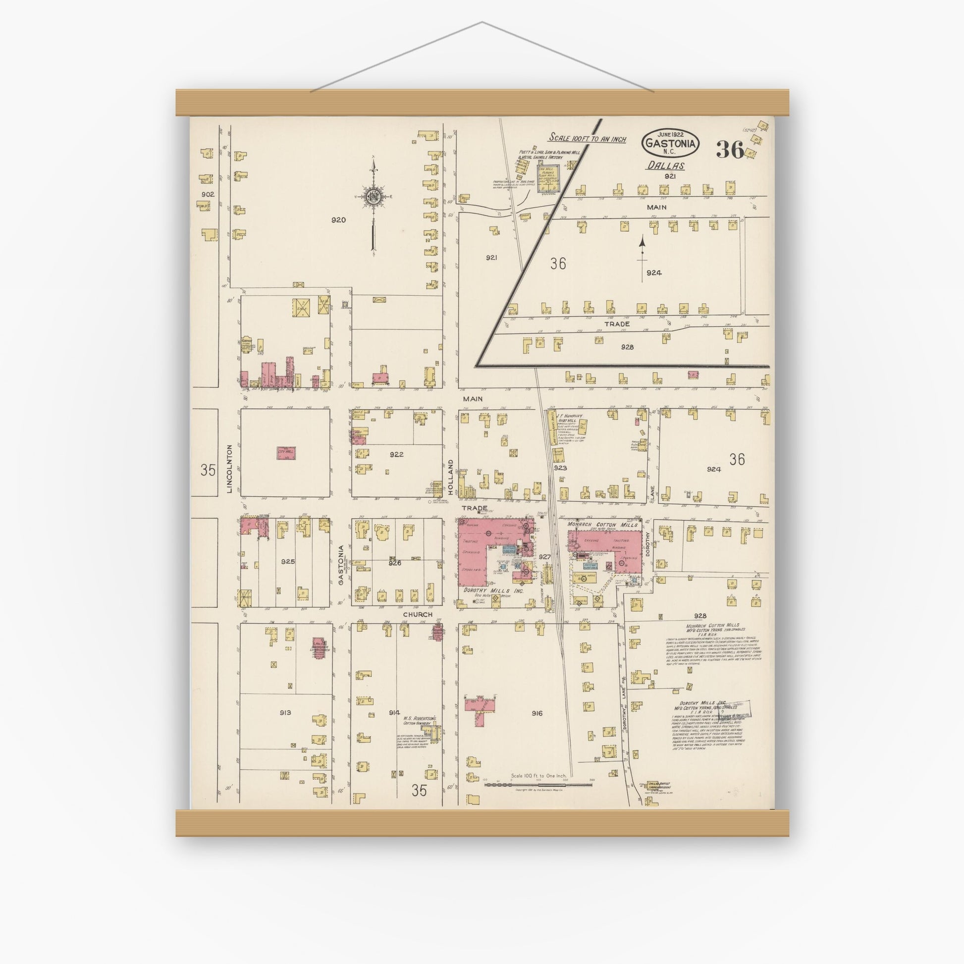 Old map wall art mockup — magnetic wood frame on white wall — Sanborn Fire Insurance Map from Gastonia, Gaston County, North Carolina (1922), Sheet #0036