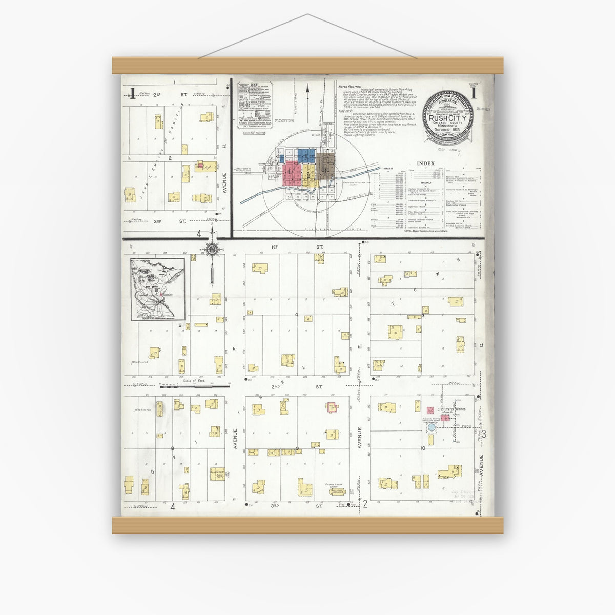 Old map wall art mockup — magnetic wood frame on white wall — Sanborn Fire Insurance Map from Rush City, Chisago County, Minnesota (1923), Sheet #0001