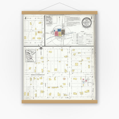 Old map wall art mockup — magnetic wood frame on white wall — Sanborn Fire Insurance Map from Rush City, Chisago County, Minnesota (1923), Sheet #0001