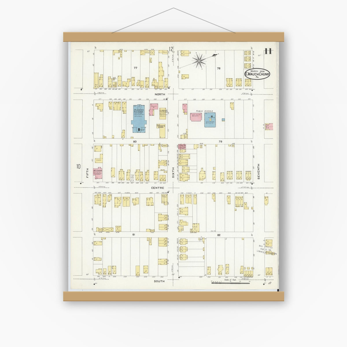 Old map wall art mockup — magnetic wood frame on white wall — Sanborn Fire Insurance Map from Mauch Chunk, Carbon County, Pennsylvania (1908), Sheet #0011