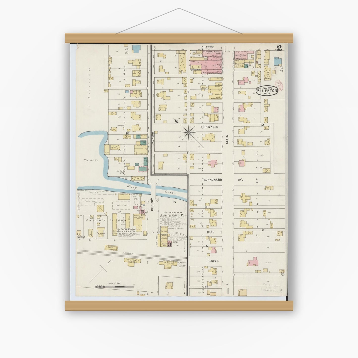 Old map wall art mockup — magnetic wood frame on white wall — Sanborn Fire Insurance Map from Bluffton, Allen County, Ohio (1895), Sheet #0002
