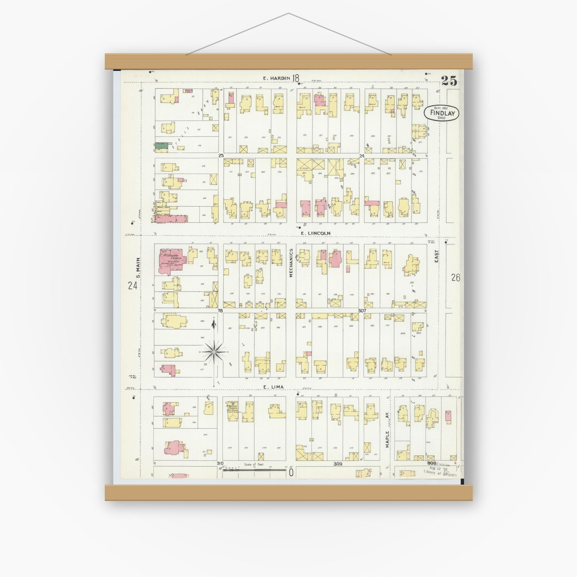 Old map wall art mockup — magnetic wood frame on white wall — Sanborn Fire Insurance Map from Findlay, Hancock County, Ohio (1901), Sheet #0025