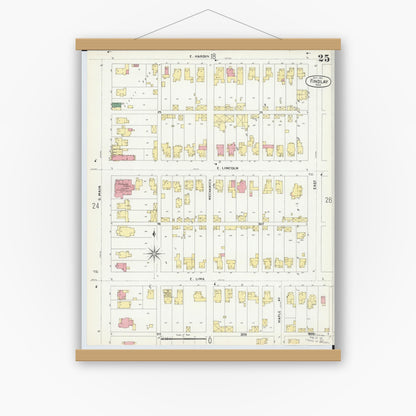 Old map wall art mockup — magnetic wood frame on white wall — Sanborn Fire Insurance Map from Findlay, Hancock County, Ohio (1901), Sheet #0025