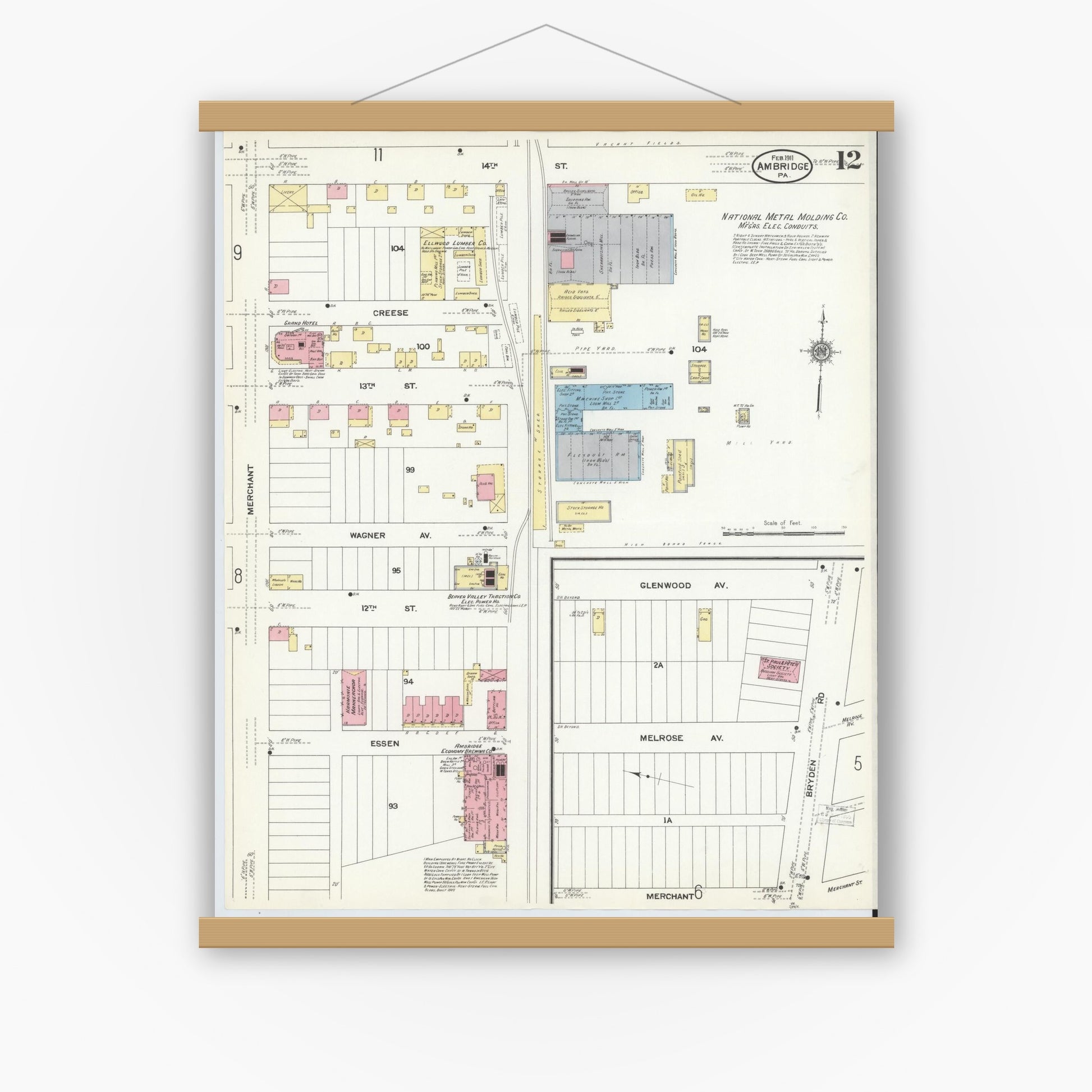 Old map wall art mockup — magnetic wood frame on white wall — Sanborn Fire Insurance Map from Ambridge, Beaver County, Pennsylvania (1911), Sheet #0012