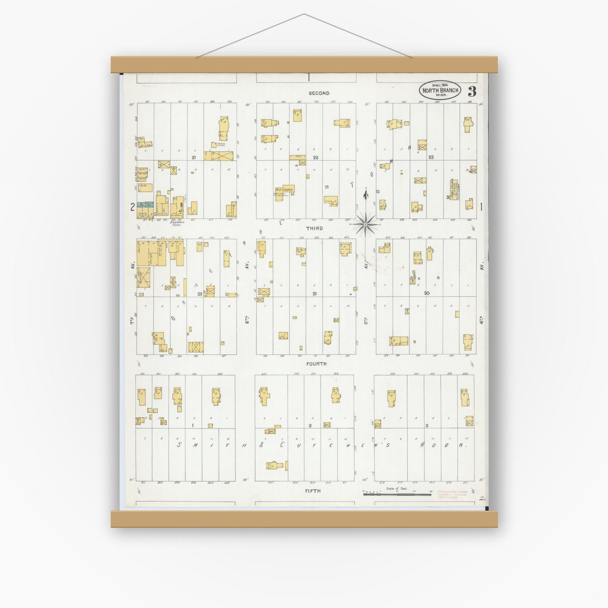 Old map wall art mockup — magnetic wood frame on white wall — Sanborn Fire Insurance Map from North Branch, Chisago County, Minnesota (1904), Sheet #0003