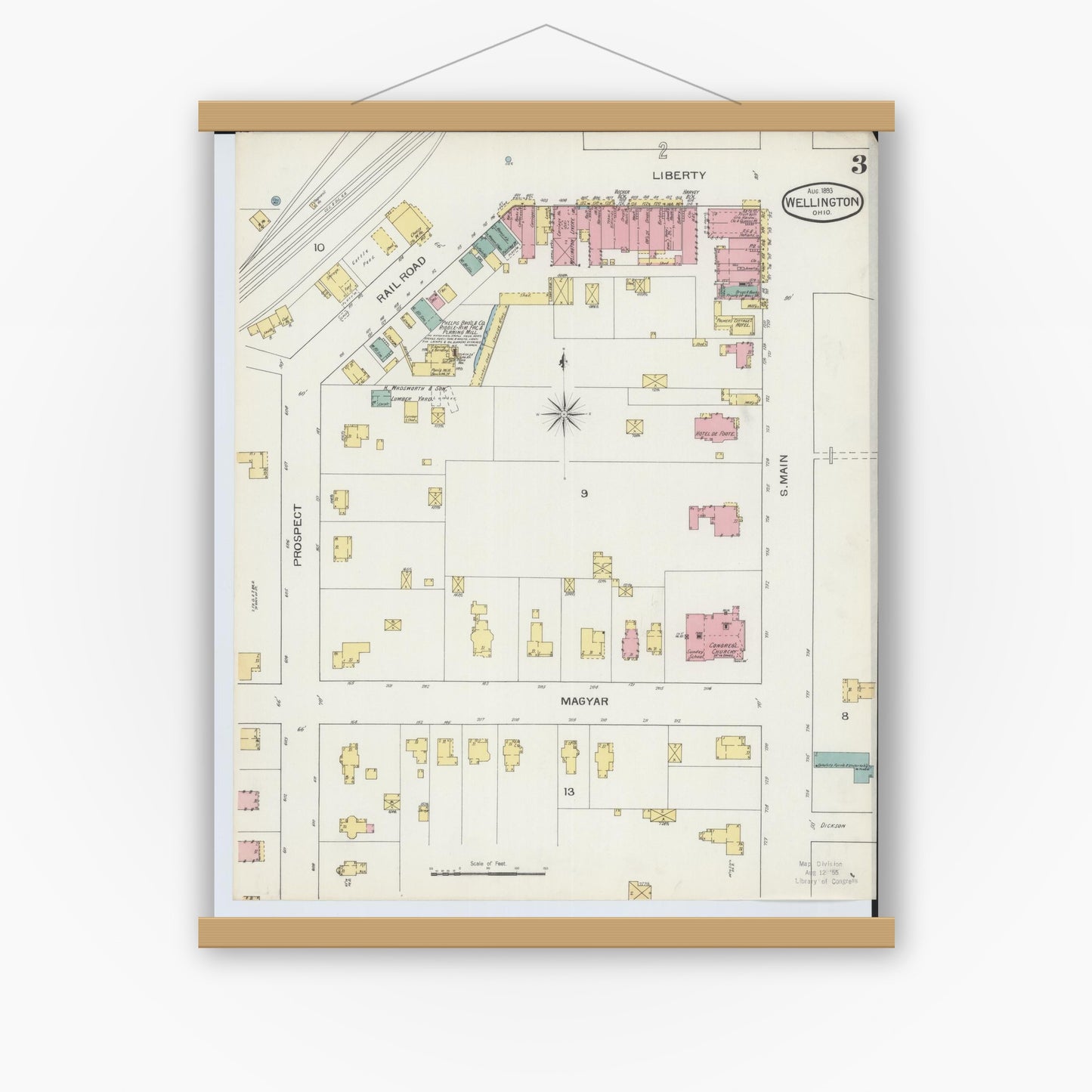 Old map wall art mockup — magnetic wood frame on white wall — Sanborn Fire Insurance Map from Wellington, Lorain County, Ohio (1893), Sheet #0003