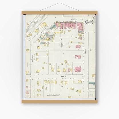 Old map wall art mockup — magnetic wood frame on white wall — Sanborn Fire Insurance Map from Wellington, Lorain County, Ohio (1893), Sheet #0003