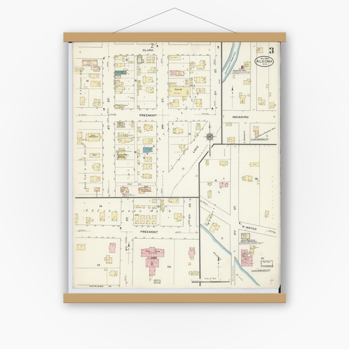 Old map wall art mockup — magnetic wood frame on white wall — Sanborn Fire Insurance Map from Algoma, Kewaunee County, Wisconsin (1909), Sheet #0003