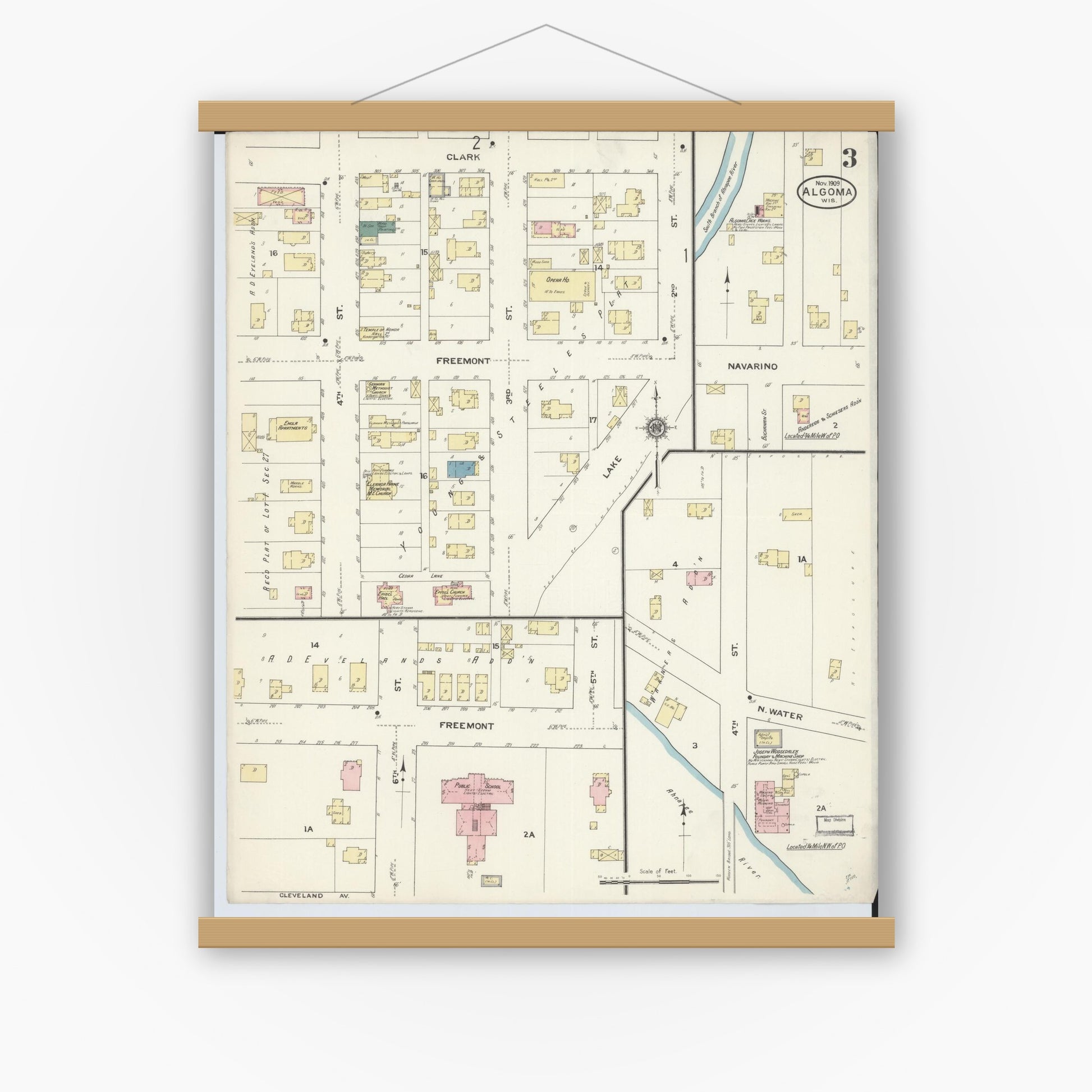 Old map wall art mockup — magnetic wood frame on white wall — Sanborn Fire Insurance Map from Algoma, Kewaunee County, Wisconsin (1909), Sheet #0003