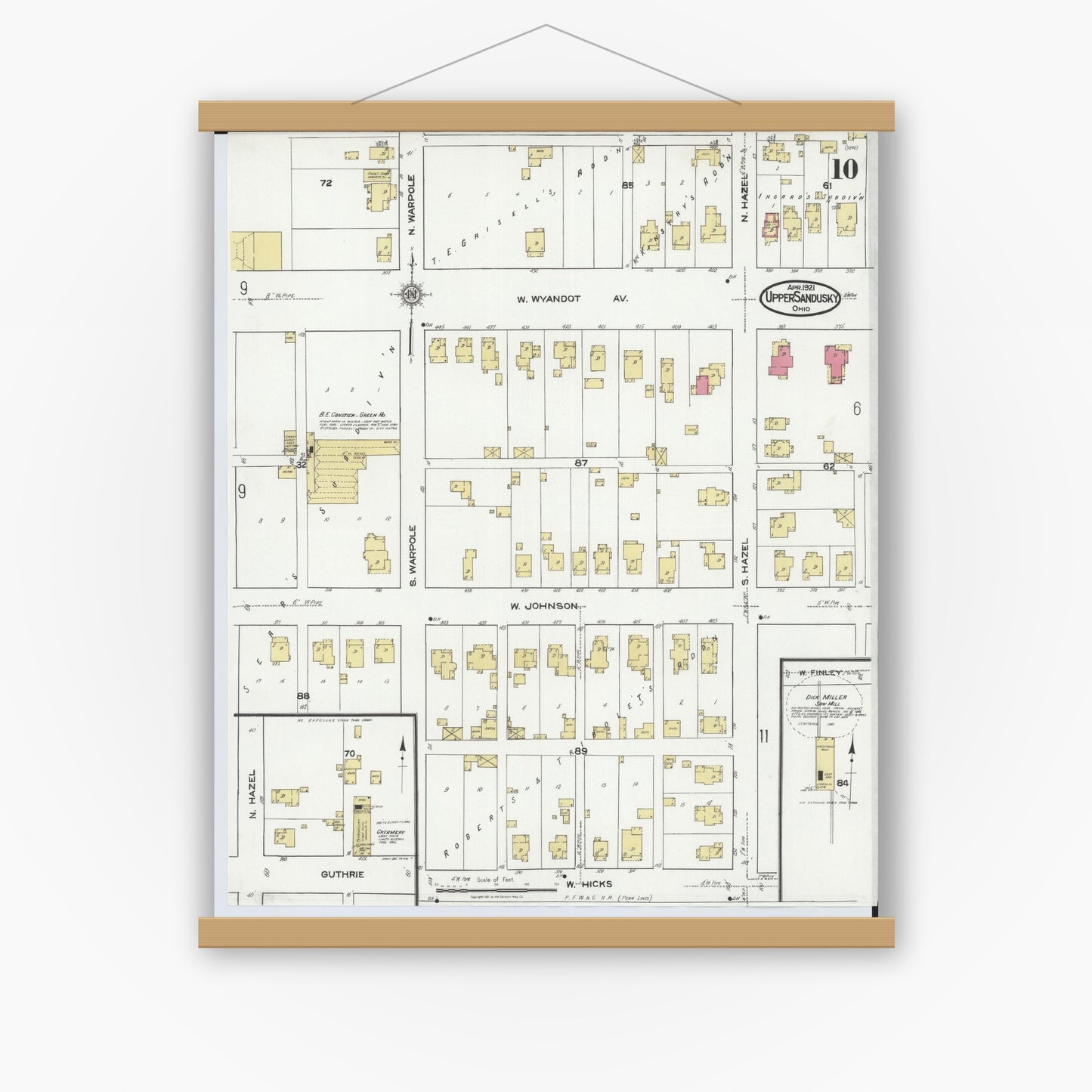 Old map wall art mockup — magnetic wood frame on white wall — Sanborn Fire Insurance Map from Upper Sandusky, Wyandot County, Ohio (1921), Sheet #0010