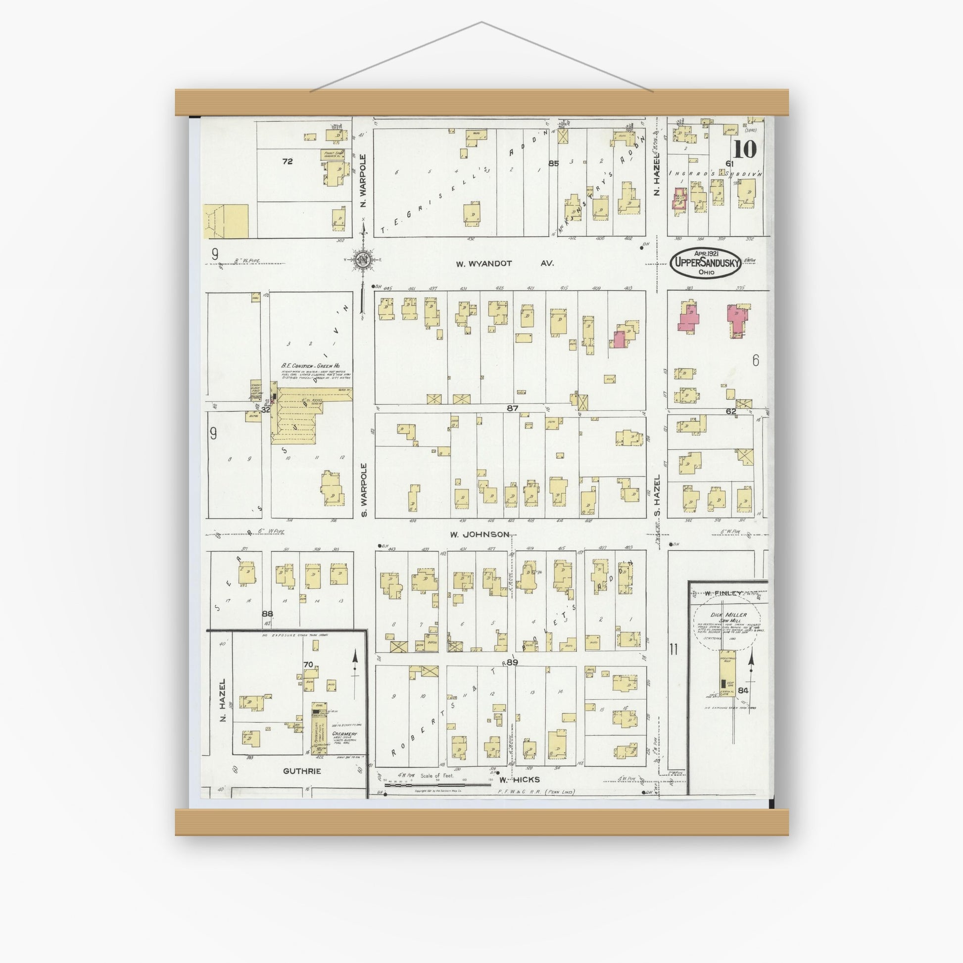 Old map wall art mockup — magnetic wood frame on white wall — Sanborn Fire Insurance Map from Upper Sandusky, Wyandot County, Ohio (1921), Sheet #0010