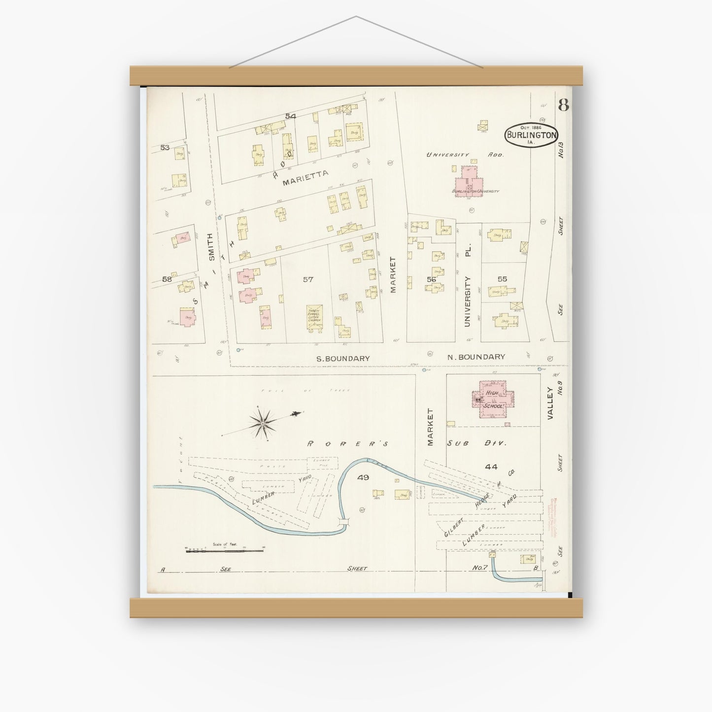 Old map wall art mockup — magnetic wood frame on white wall — Sanborn Fire Insurance Map from Burlington, Des Moines County, Iowa (1888), Sheet #0008