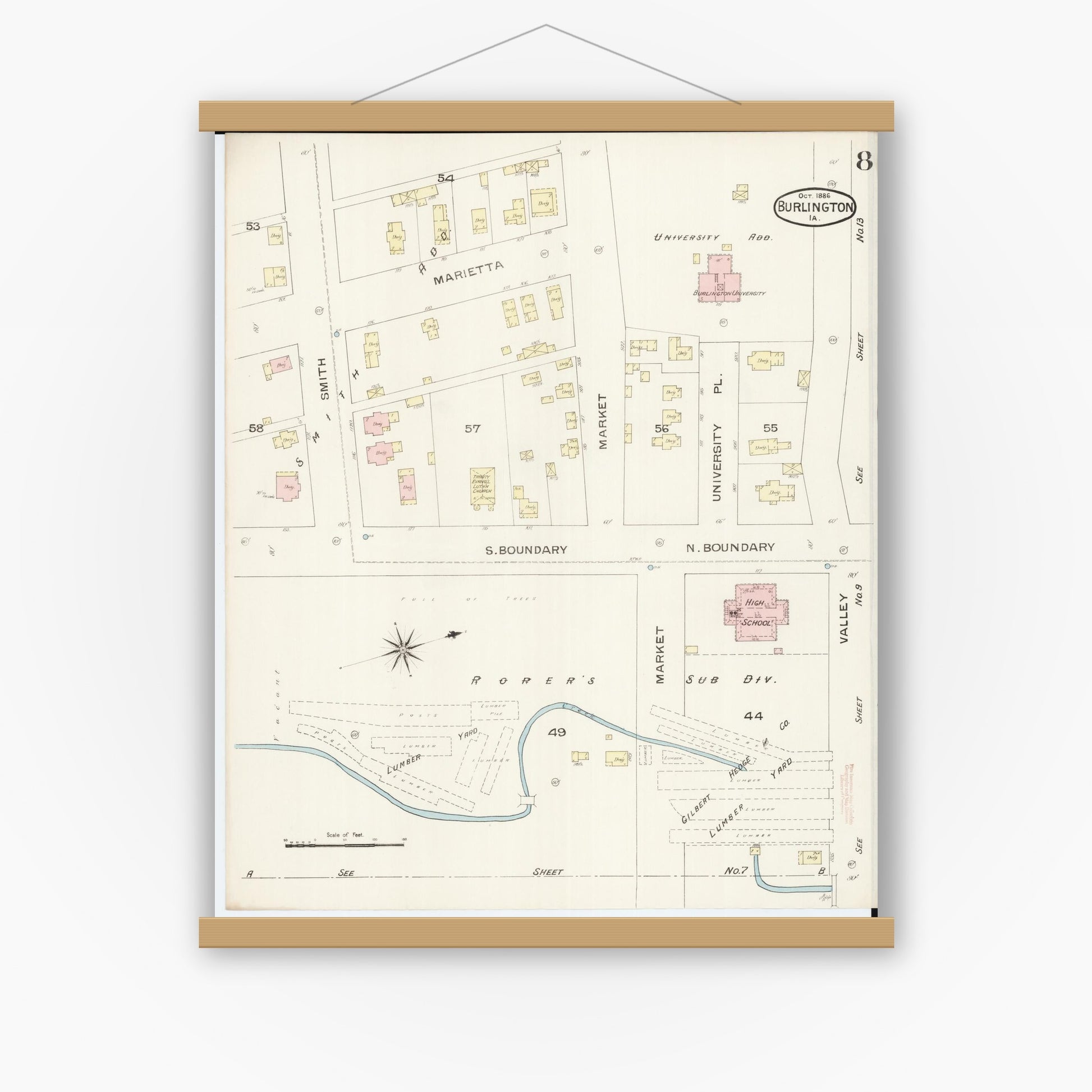 Old map wall art mockup — magnetic wood frame on white wall — Sanborn Fire Insurance Map from Burlington, Des Moines County, Iowa (1888), Sheet #0008