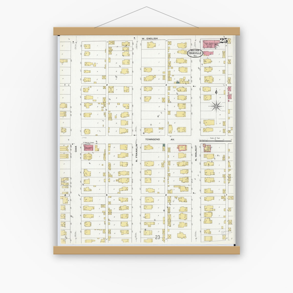 Old map wall art mockup — magnetic wood frame on white wall — Sanborn Fire Insurance Map from Danville, Vermilion County, Illinois (1909), Sheet #0025