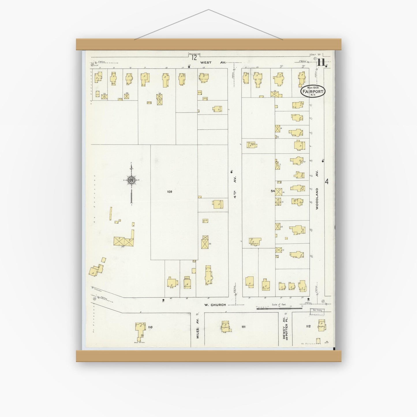 Old map wall art mockup — magnetic wood frame on white wall — Sanborn Fire Insurance Map from Fairport, Monroe County, New York (1909), Sheet #0011
