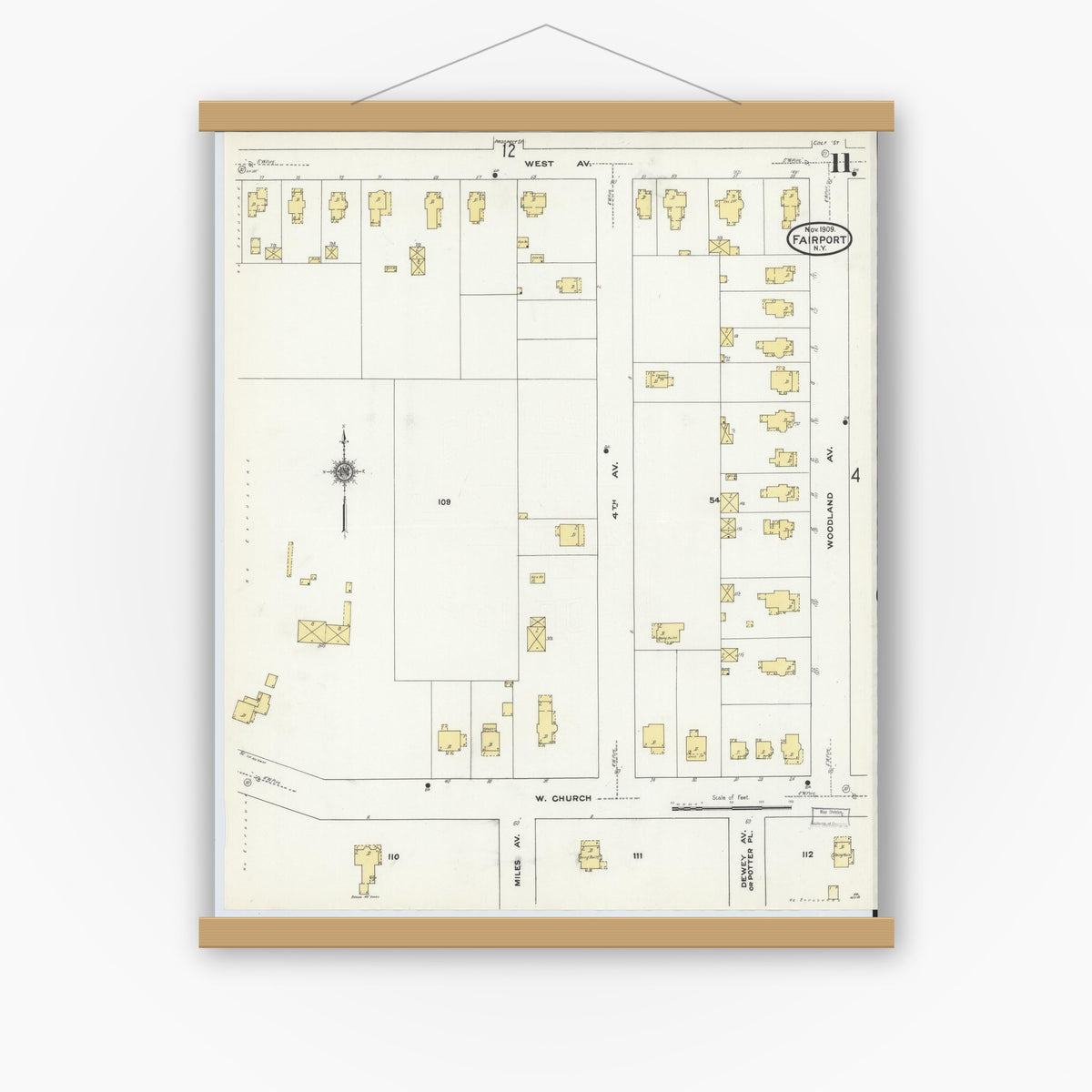 Old map wall art mockup — magnetic wood frame on white wall — Sanborn Fire Insurance Map from Fairport, Monroe County, New York (1909), Sheet #0011