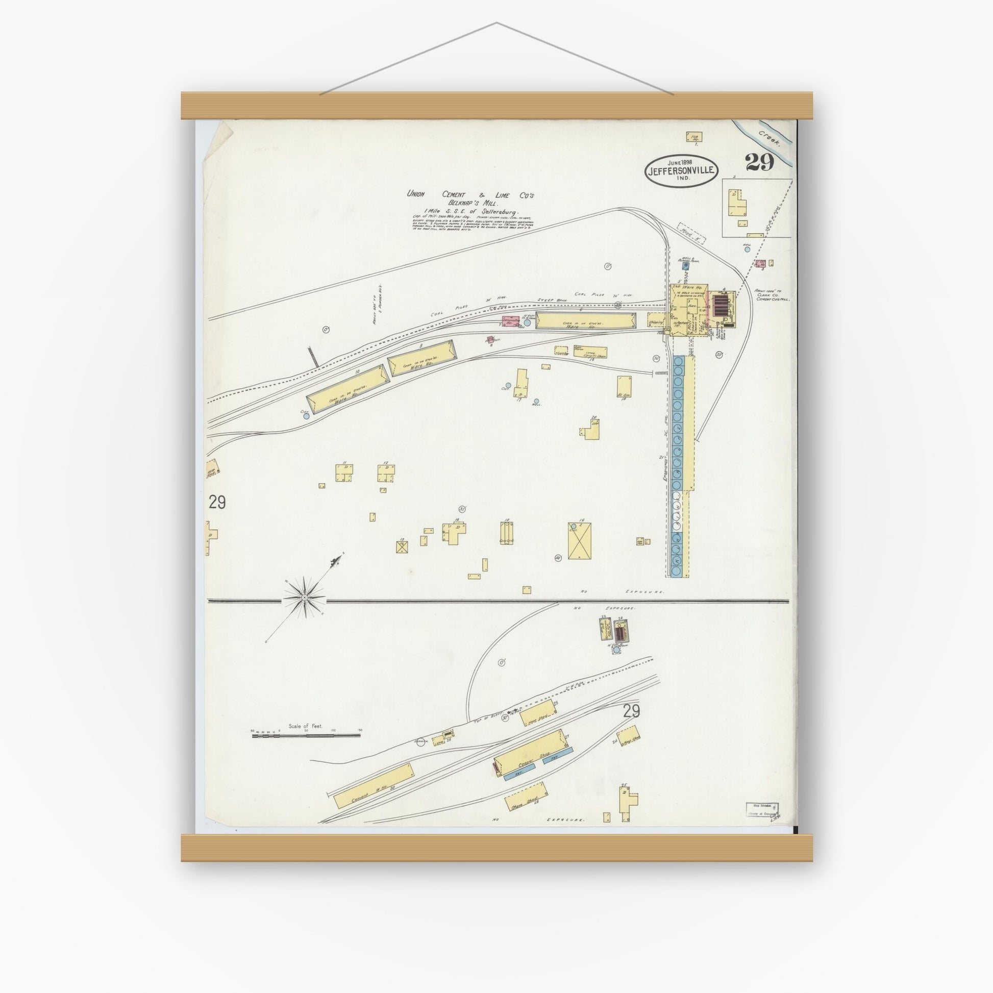 Old map wall art mockup — magnetic wood frame on white wall — Sanborn Fire Insurance Map from Jeffersonville, Clark County, Indiana (1898), Sheet #0029